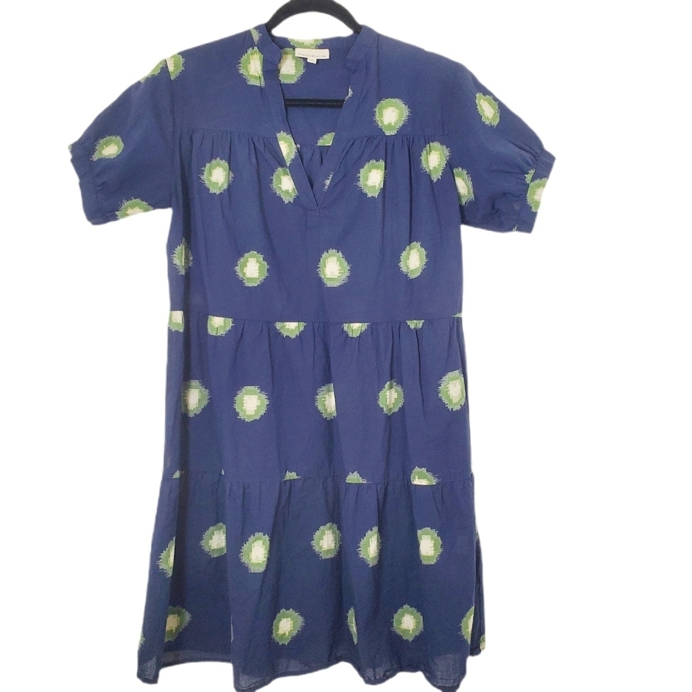 Fitzroy & Willa Navy Blue Dress with‎ Green Pattern Short Sleeve Cotton Dress XS